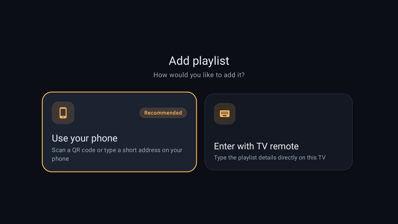 TVMamba add-playlist screen on Android TV, offering phone-assisted setup or TV remote entry